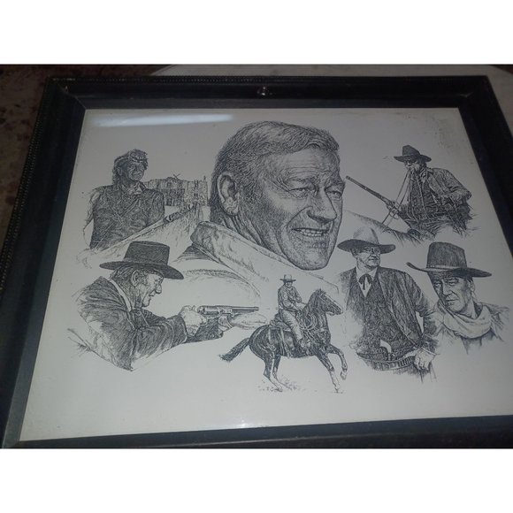 John Wayne Drawing Collage Black & White Black Frame - Picture 1 of 4
